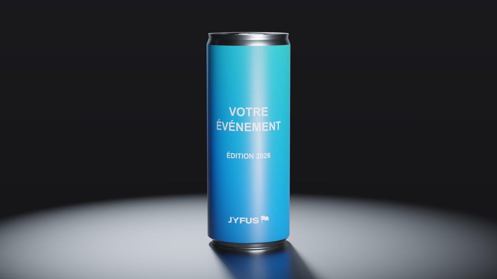 Canette « Votre événement », bleue et verte, rendue en 3D par le moteur JYFUS sous un projecteur.